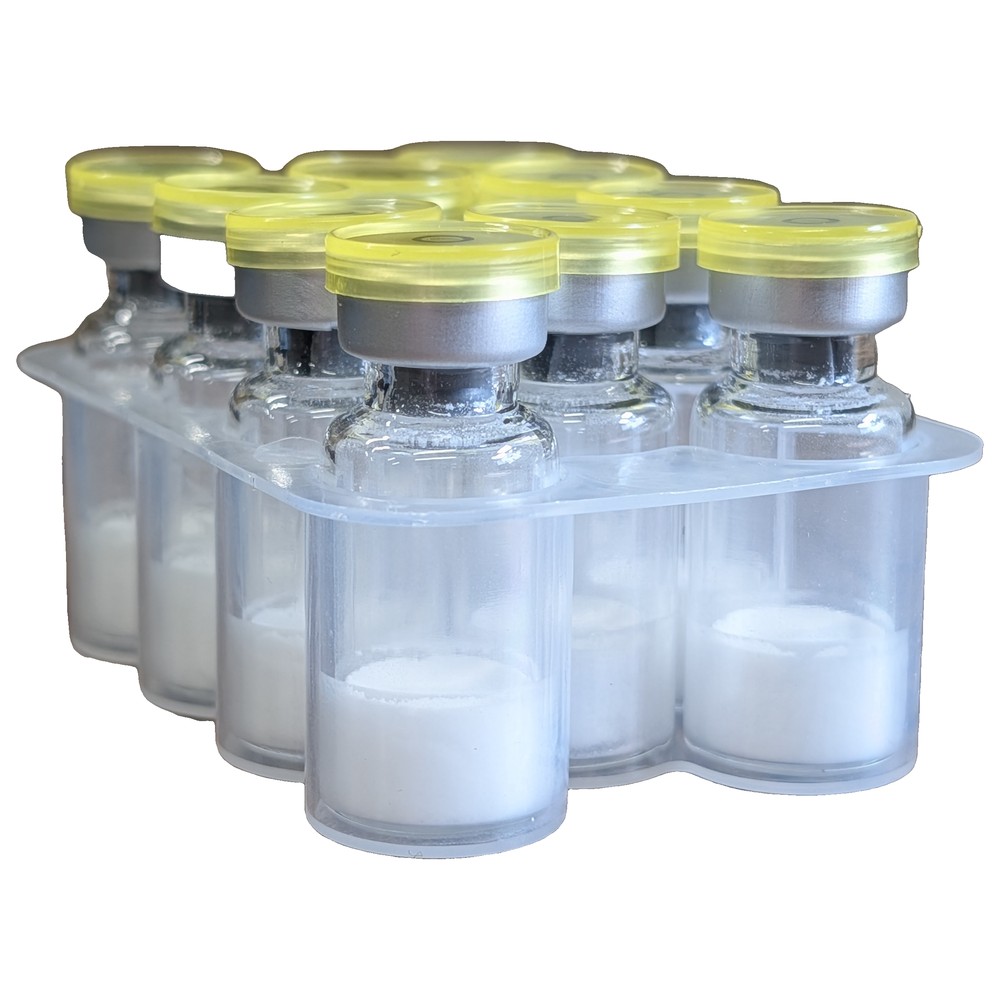 10 research peptide vials with yellow caps containing lyophilized powder